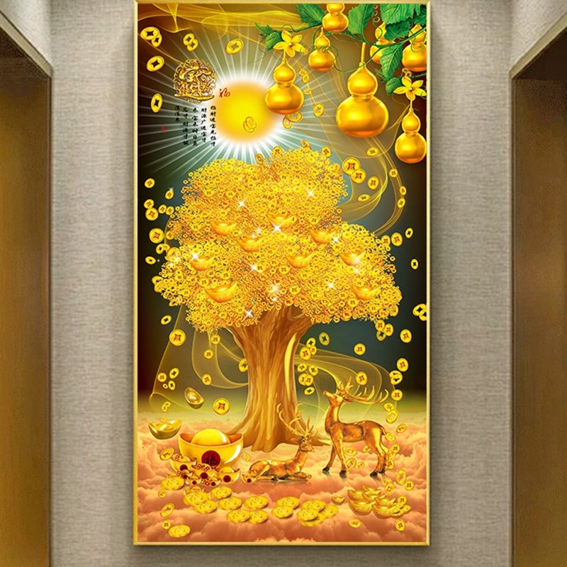 入户装饰画进门玄关竖版挂画发财摇钱树走廊过道大气壁画