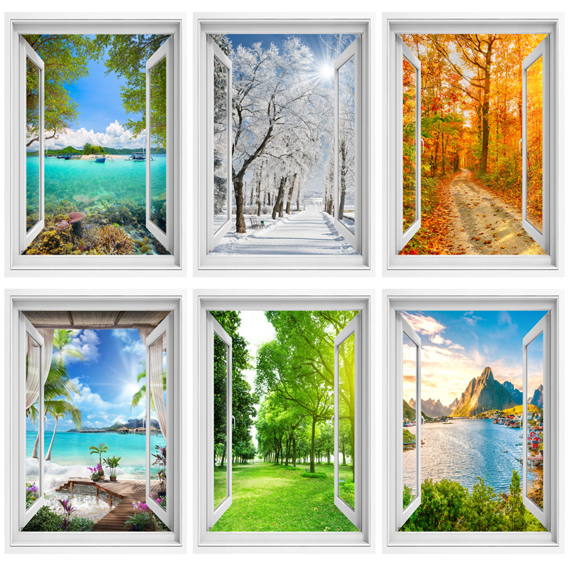 假窗户墙贴装饰山水贴画自粘壁纸餐厅卧室景海景背景墙画,家居饰品,软装墙贴,淘宝优惠券,粉丝福利购,淘宝优惠卷