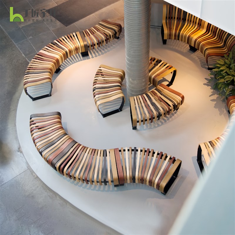 实木铁艺拼接座椅商场美陈休闲椅机场等候休息椅创意弯板座椅定制