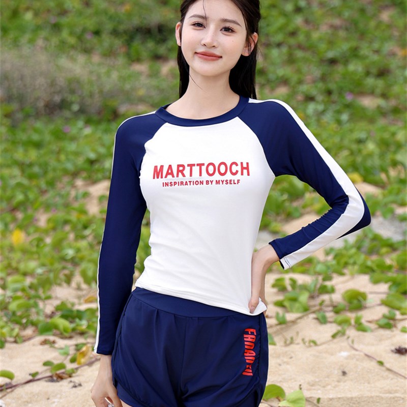 运动少女长袖保守紧身高腰显瘦耐穿温泉度假拼色显白清新分体泳衣
