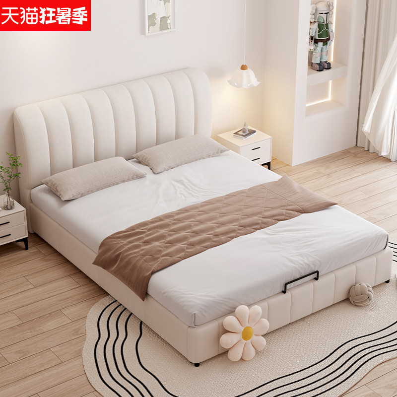 实木科技布艺床现代简约1.5米双人床奶油风主卧1.8米猫爪布软包床