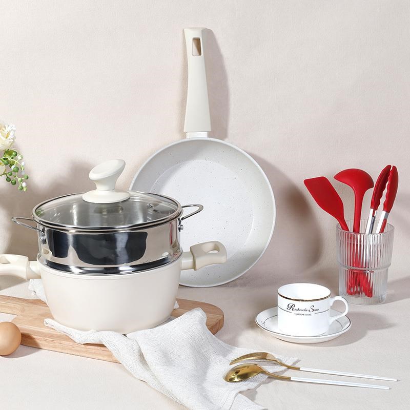 麦饭石平底锅不粘煎锅炒菜锅烙饼煎蛋辅食锅小汤锅蒸锅炉通用