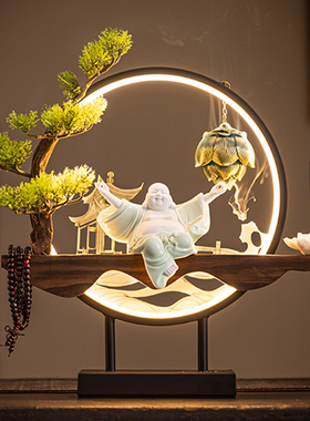 家摆件陶瓷大肚笑佛招财灯业家居饰品开用礼