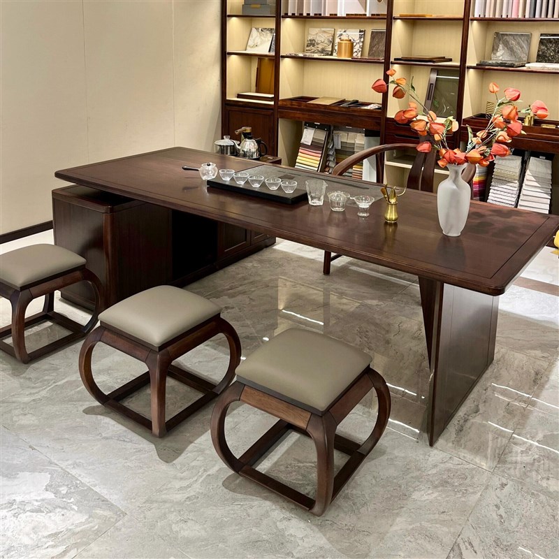 新中式黑胡桃木茶桌椅组合现代简约实木茶台茶几客厅办公室喝茶桌