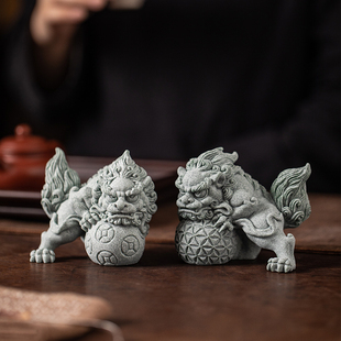 国潮青砂文创经狴犴戏球财源滚滚中式茶宠桌面装饰品摆件