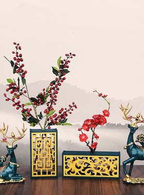 新中式家居饰品客厅装饰品轻奢高档博古架电视柜玄关木雕摆件