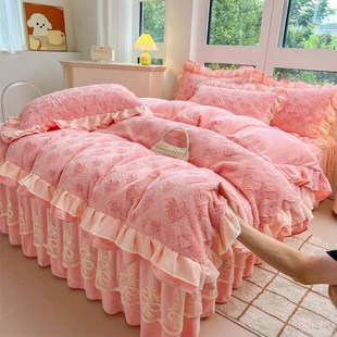 冬季加厚剪花绒床裙款夹棉床罩公主荷叶花边床上