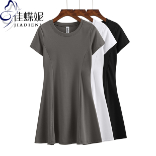 夏季新款韩版圆领纯白修身显瘦纯色简约中长款短袖连衣裙女装