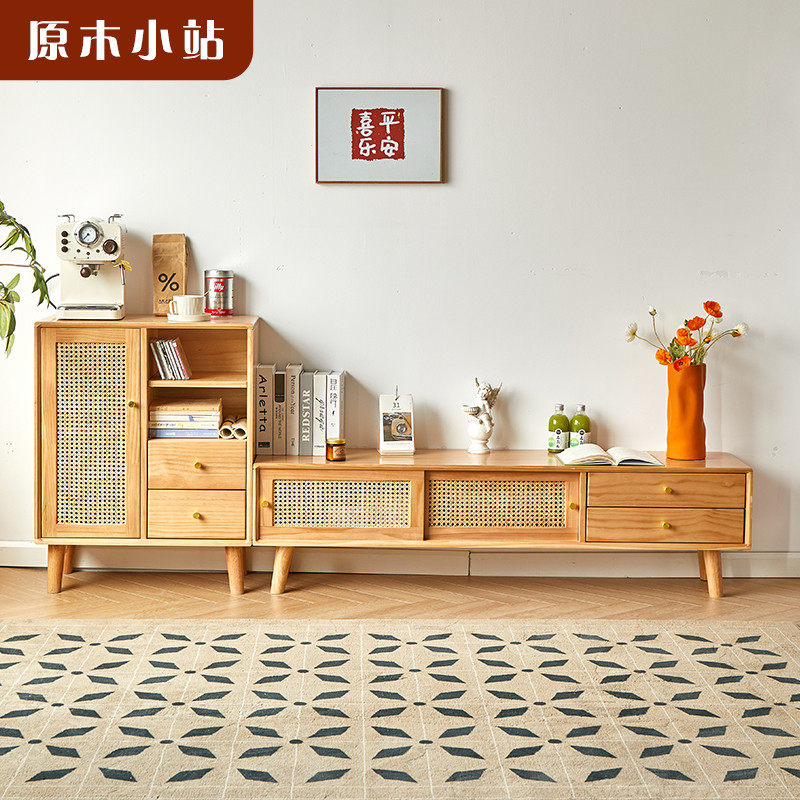 实木电视柜客厅简约现代小户型北欧整装地柜藤编日式原木电视机柜,住宅家具,电视柜,淘宝优惠券,粉丝福利购,淘宝优惠卷