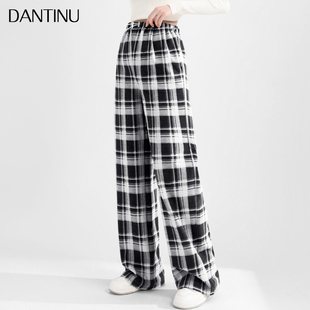 春款 直筒宽松格子阔腿裤 子春秋外穿抽绳高腰无托腹休闲大码 孕妇裤