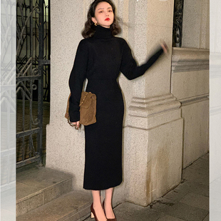 秋冬高领毛衣裙长款过膝连衣裙中长款内搭打底衫收腰气质长裙米白