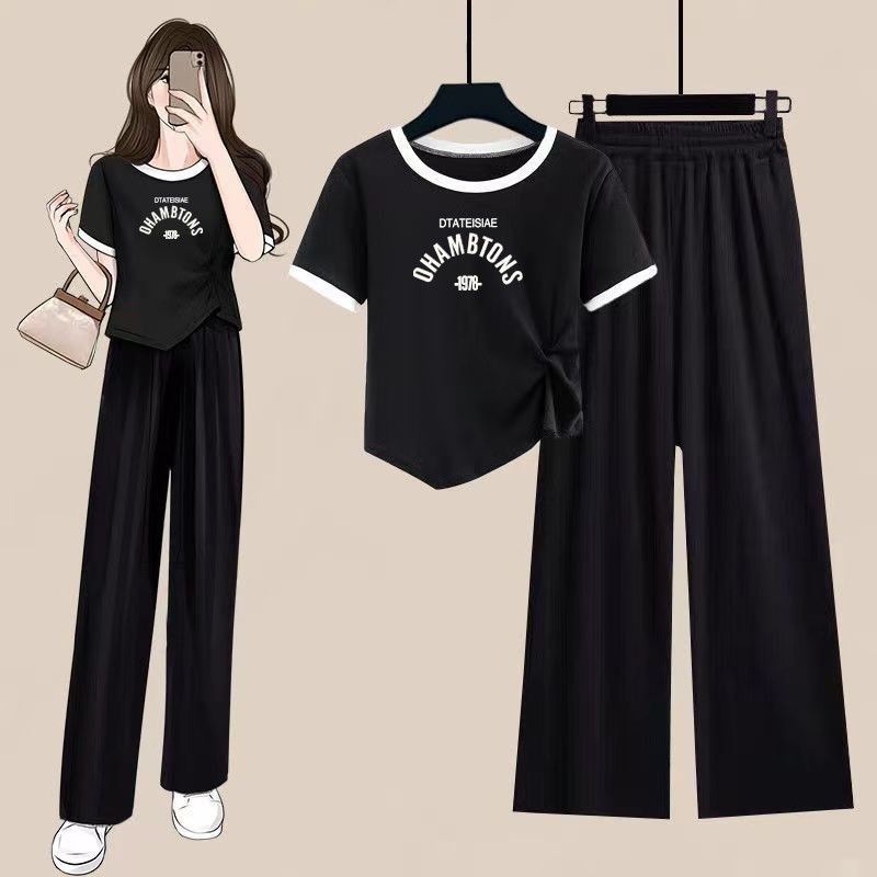 套装女夏款2024年新款不规则短袖夏季宽松九分阔腿裤休闲两件套潮,女装/女士精品,时尚套装,淘宝优惠券,粉丝福利购,淘宝优惠卷