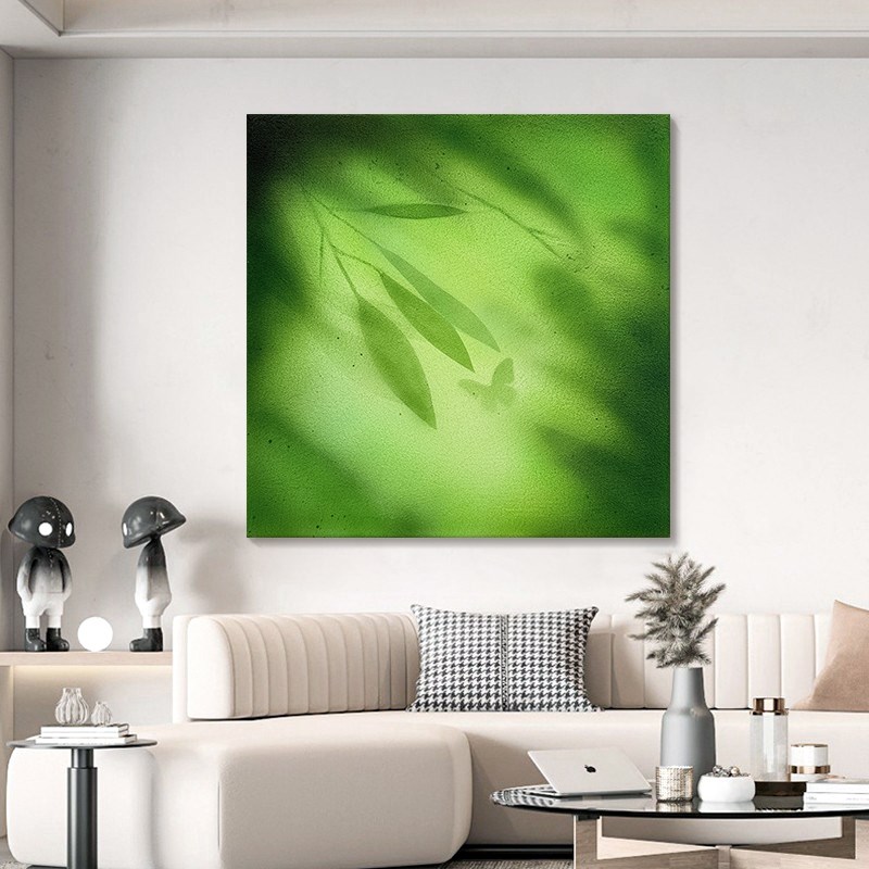 纯手绘油画绿色竹影蝴蝶客厅餐桌装饰画玄关走廊挂画卧室肌理画图片