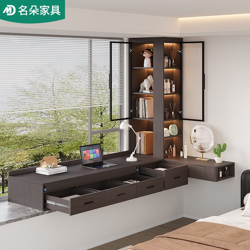 中古风伸缩转角飘窗书桌书柜一体飘窗化妆台卧室阳台抽屉收纳5L71