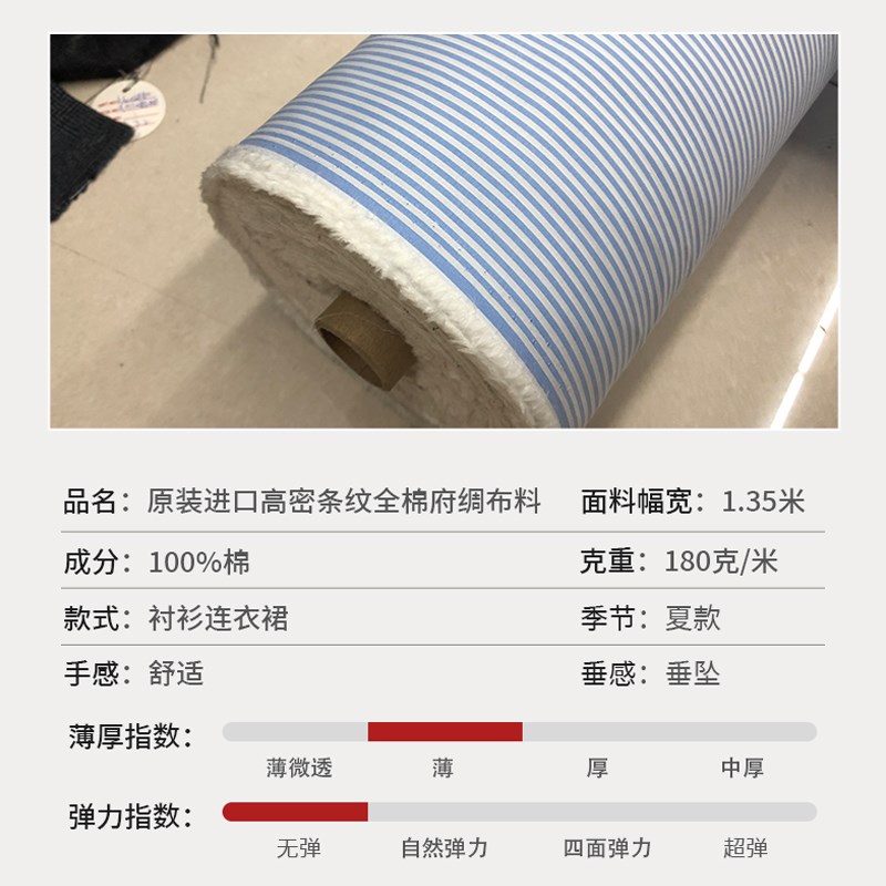 半米价/蓝白条原装进口高密条纹全棉府绸布料夏款衬衫连衣裙面料