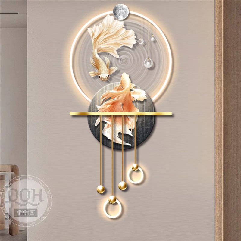 新中式客厅玄关装饰画福运锦鲤高级感壁灯画走廊过道轻奢挂画发光图片