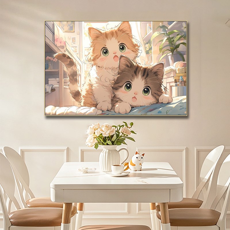 儿童房卡通动物挂画客厅治愈系小兔猫咪小狗熊猫宫崎骏风格装饰画图片