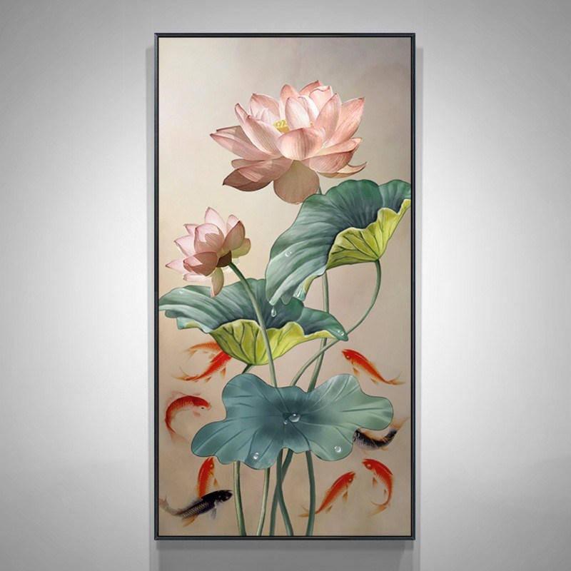 新中式荷花入户门玄关装饰画竖版高级感走廊过道正对墙挂画客厅画图片