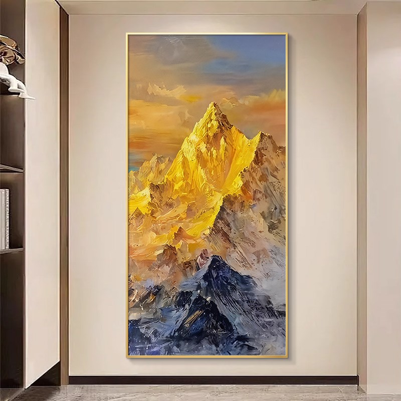 日照金山手绘油画玄关装饰画竖版大芬村入户门正对墙挂画过道壁画图片