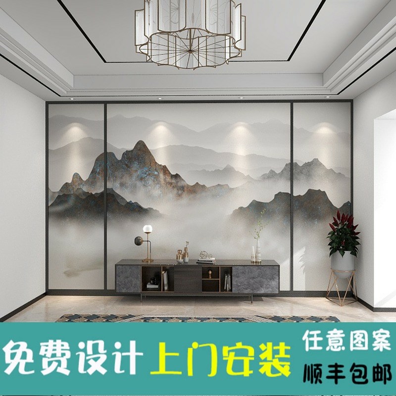 新中式水墨山水大气茶室壁画电视背景墙壁纸客厅轻奢装饰影视墙纸图片