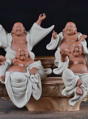 紫砂大肚佛陶瓷元宝自在笑佛家居客厅装饰摆件