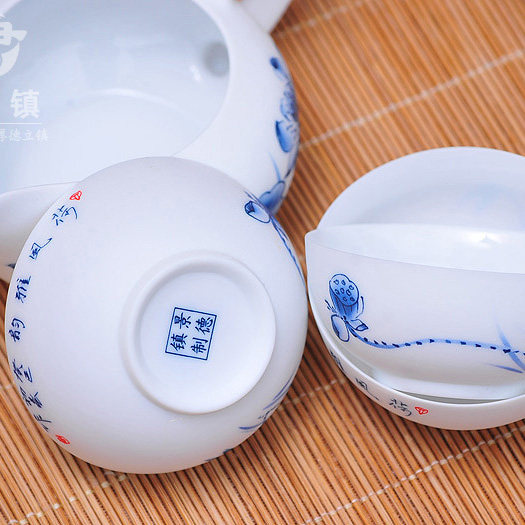 薄胎骨瓷荷茶功夫花具用装高档盖碗青花家套中式简约磨砂白瓷整套