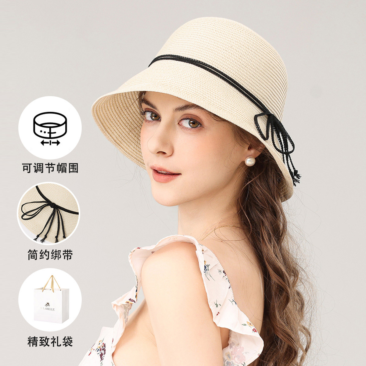 拉贝儿春夏百搭绑带女士渔夫帽
