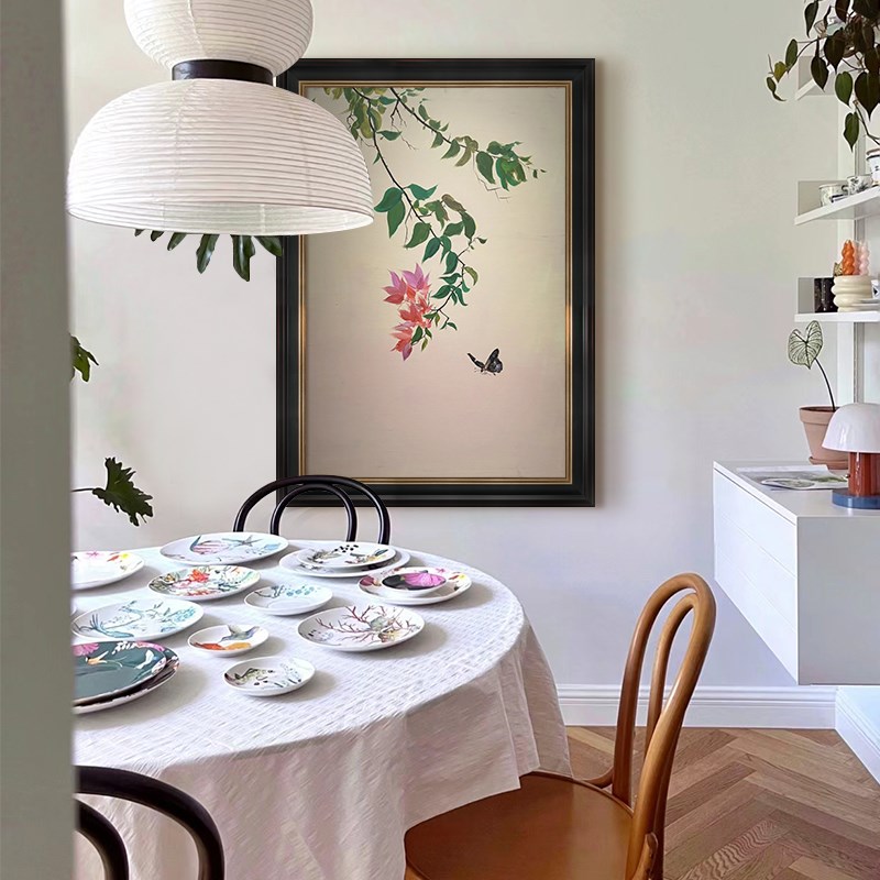 中古风绿植蝴蝶客厅背景墙装饰画抽象2025新款纯手绘油画玄关挂画图片