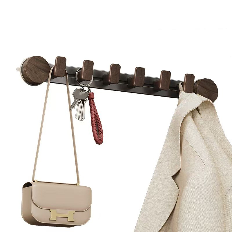 胡桃木吸盘门后挂钩免打孔壁挂式入户门卧室衣帽排钩收纳架置物架