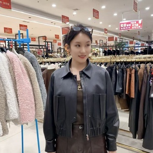 初晓2025年秋季工装风短款宽松型皮衣休闲 黑色 棕色 紫红 0218