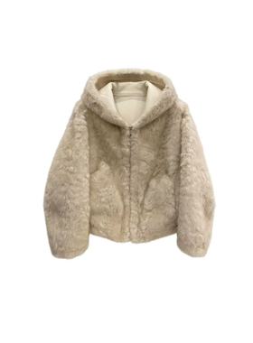 初晓2026年秋冬女士连帽短款保暖毛毛外套 米色 灰色 咖色 25616