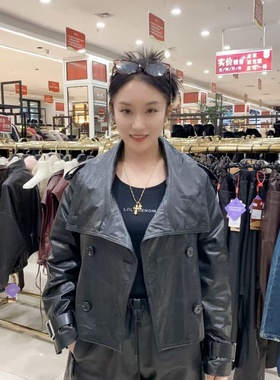 初晓2025年秋季短款立领衬衫袖皮衣气质女装 TX黑 冷翠紫 59116