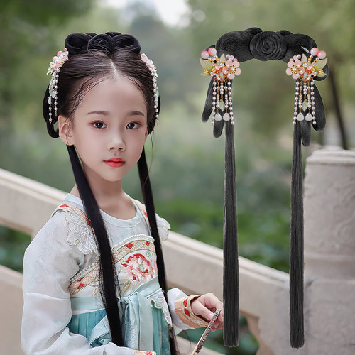 儿童汉服假发包头饰古装一体式带发夹发箍发髻女童蝴蝶结发饰发包