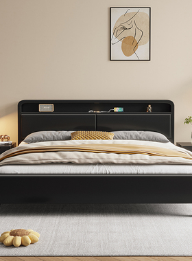北欧实木床带灯黑色简约1.5米1.8复古卧室经济型双人复古大床