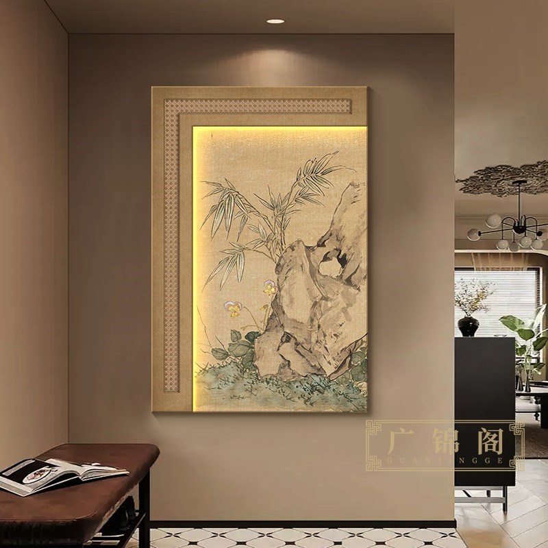 中式国画玄关装饰画高档立体茶室壁灯入户正对门走廊过道挂画图片