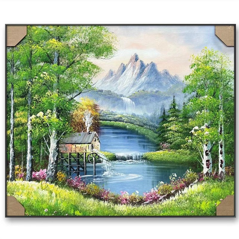 现代美式客厅沙发背景墙装饰画树林风景手绘油画办公室大气挂画鹿图片