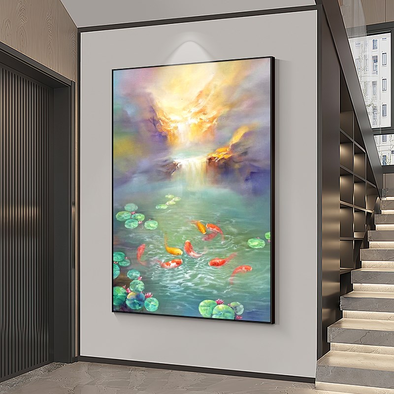 手绘油画荷花九鱼图玄关装饰画新中式山水聚宝盆风景美式餐厅挂画图片