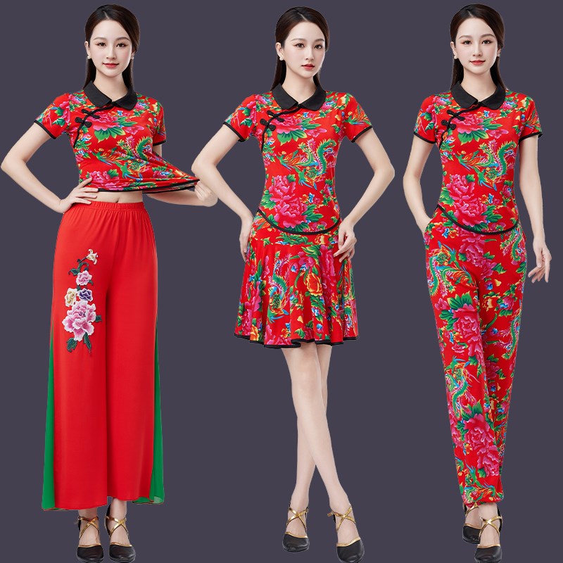 春夏季广场舞服装套装新款大花布秧歌服中老年腰鼓舞扇子舞演出服