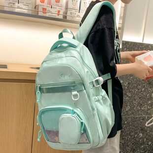 高颜值绿色书包痛包大容量初中生高中生休闲双肩包女生出游背包夏