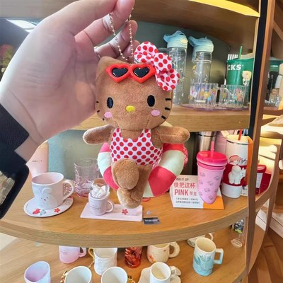 夏威夷游泳圈黑皮KT猫包包挂件可爱kitty挂饰毛绒公仔玩偶钥匙扣