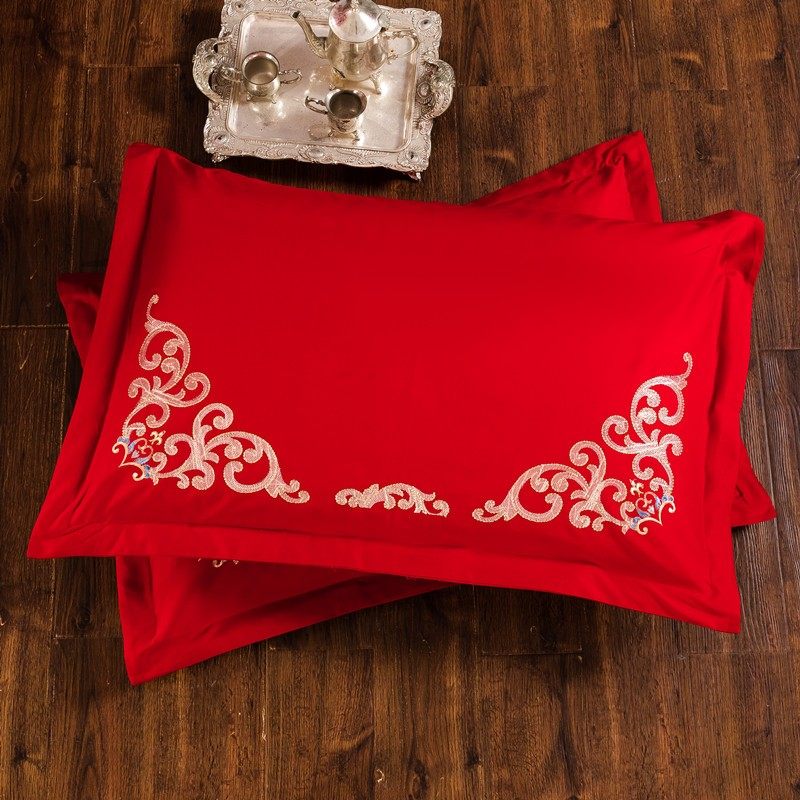 婚庆纯棉枕套一对装全棉枕头套单人枕大红刺绣加厚结婚新房陪嫁礼