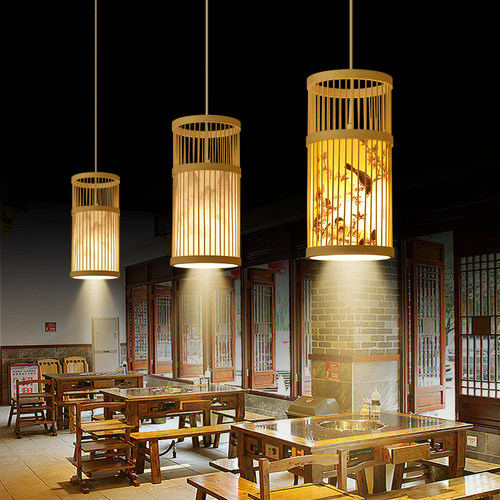 网红新中式餐厅包间竹编小吊灯日式餐饮火锅店包厢竹艺灯笼带射灯
