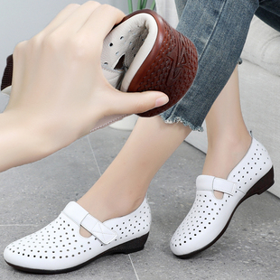 妈妈中年大码 真皮平底凉鞋 软底软皮镂空洞洞鞋 新款 女2021包头夏季