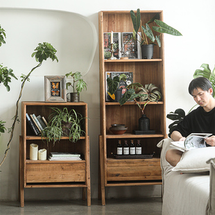 琢璞老松木书架储物柜实木复古做旧书柜别墅客厅侘寂风落地置物架