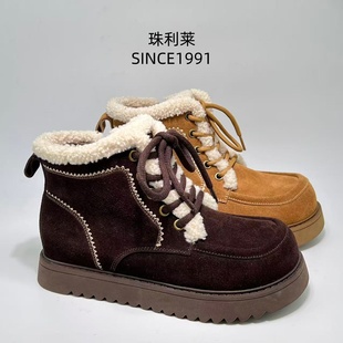 珠利莱2025冬新款翻毛毛绒雪地靴女冬季加厚保暖系带短靴防滑棉鞋