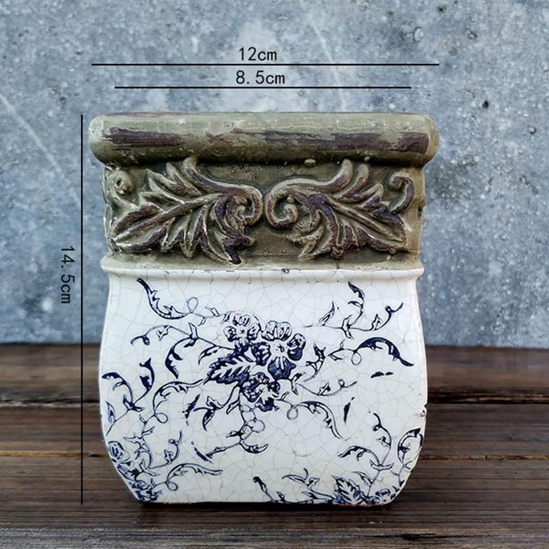 欧式陶艺花盆 粗陶做旧青花瓷陶器  透气陶盆 阳台花园庭院花器