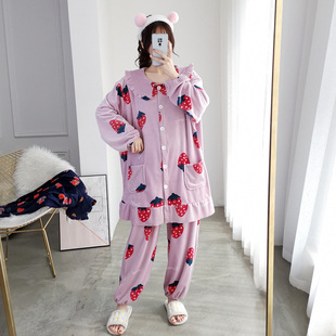 草莓天鹅绒孕产妇喂奶睡衣女加绒开衫秋冬大码宽松胖MM月子服产后
