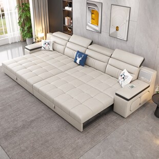 直排猫抓科技布沙发床可折叠伸缩推拉两用客厅多功能一字型四人位