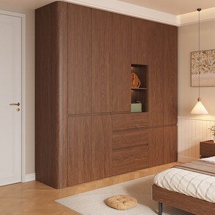 定制橡木分段式免拉手衣柜全实木中古风圆弧储物柜平开门储物衣橱