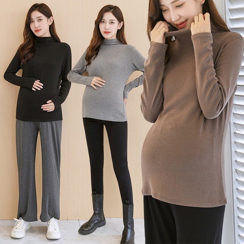 孕妇打底衫秋冬薄绒内搭中长孕妇装大码200斤半高领胖m上衣女潮妈